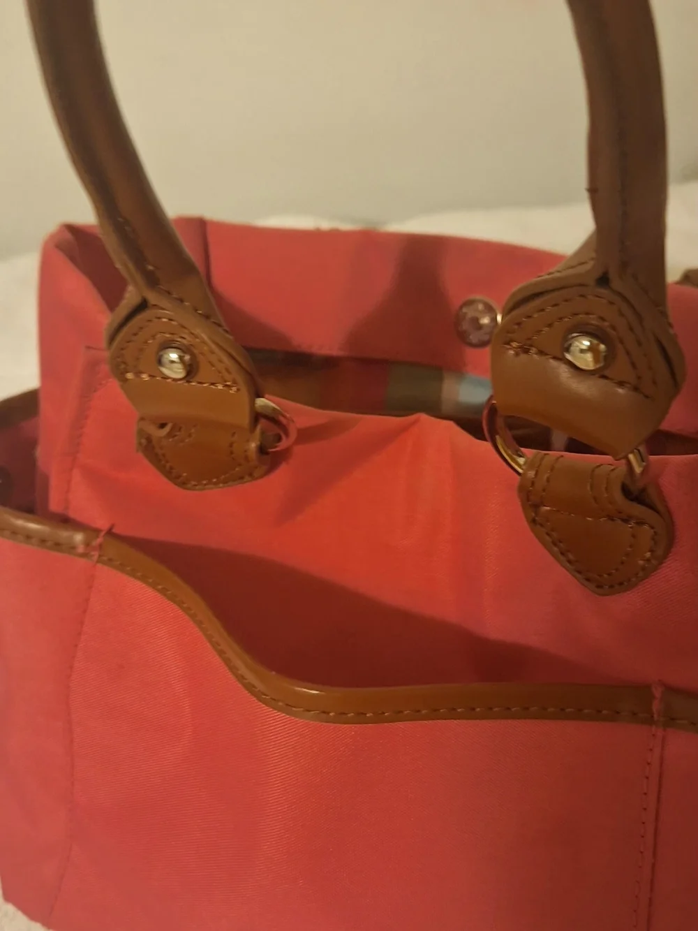 Tyler Rodan Coral Canvas Tote with Tan Trim and Multicolor Tag (13.5 X 8.5 X 4.5